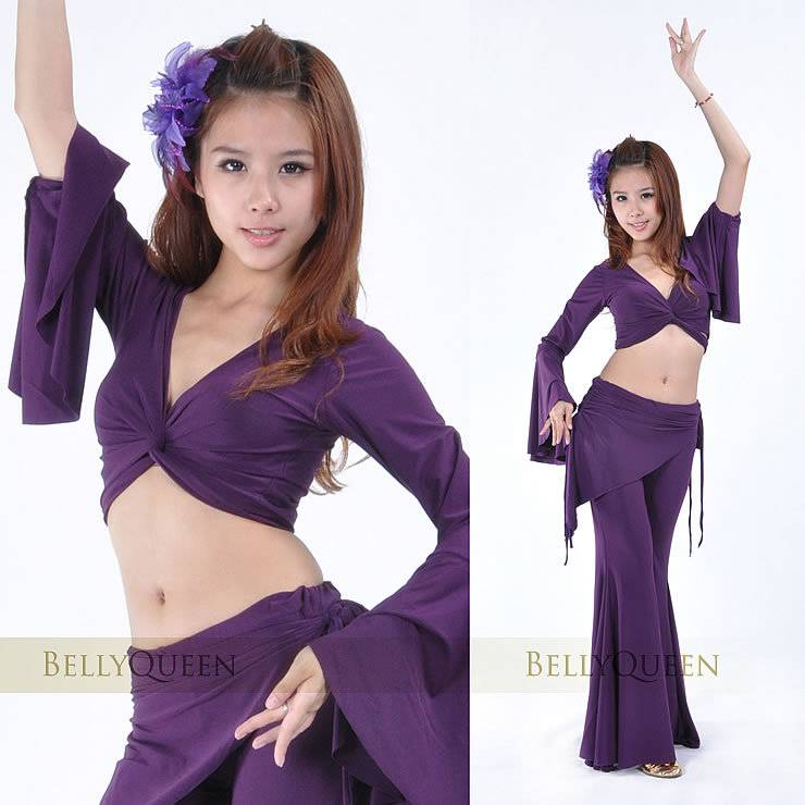 Belly dance suit clothing exercise performance suit set crystal cotton (big horn sleeve+waist skirt blocked trousers)