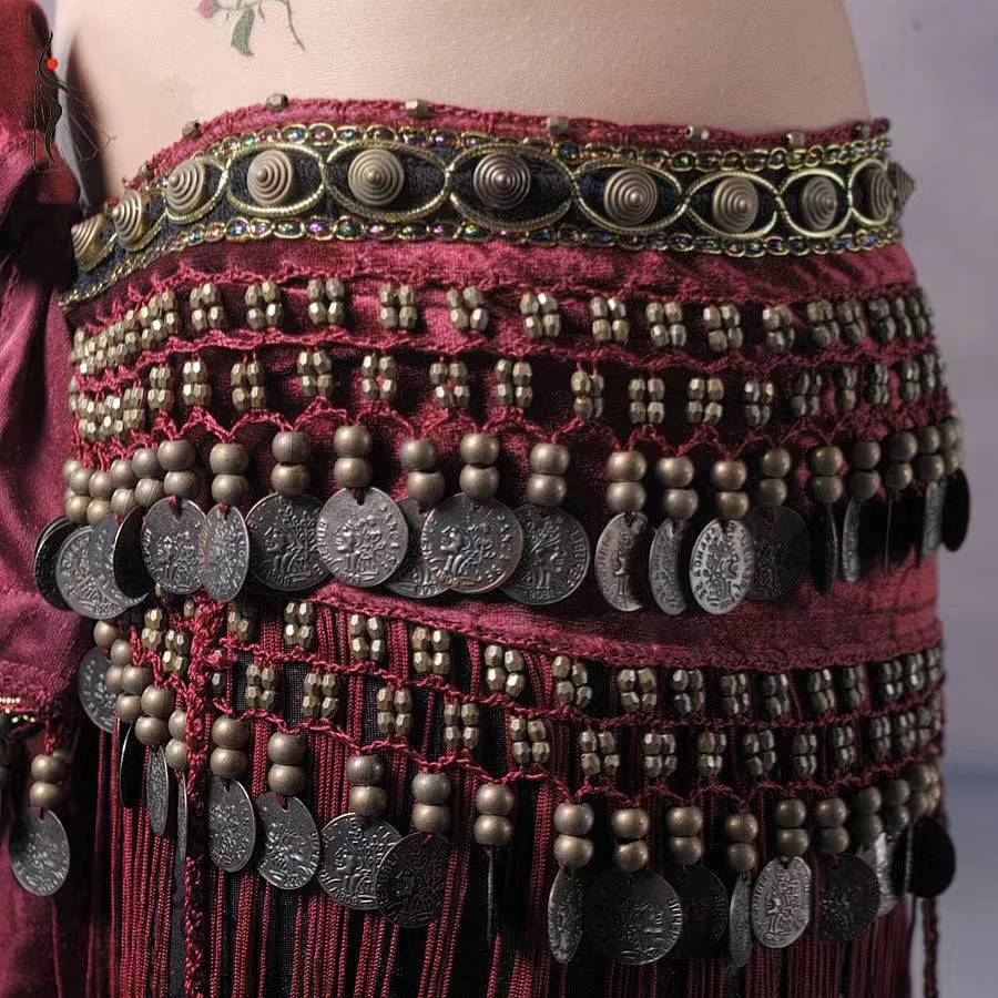 The new belly dance waist chain tribal performance hip scarf retro plane performance service practice belt beginner lumbar scarf