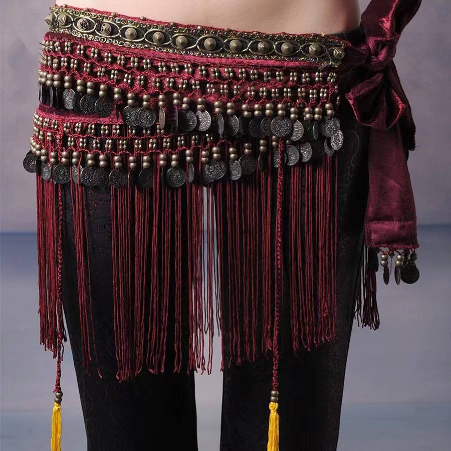 The new belly dance waist chain tribal performance hip scarf retro plane performance service practice belt beginner lumbar scarf