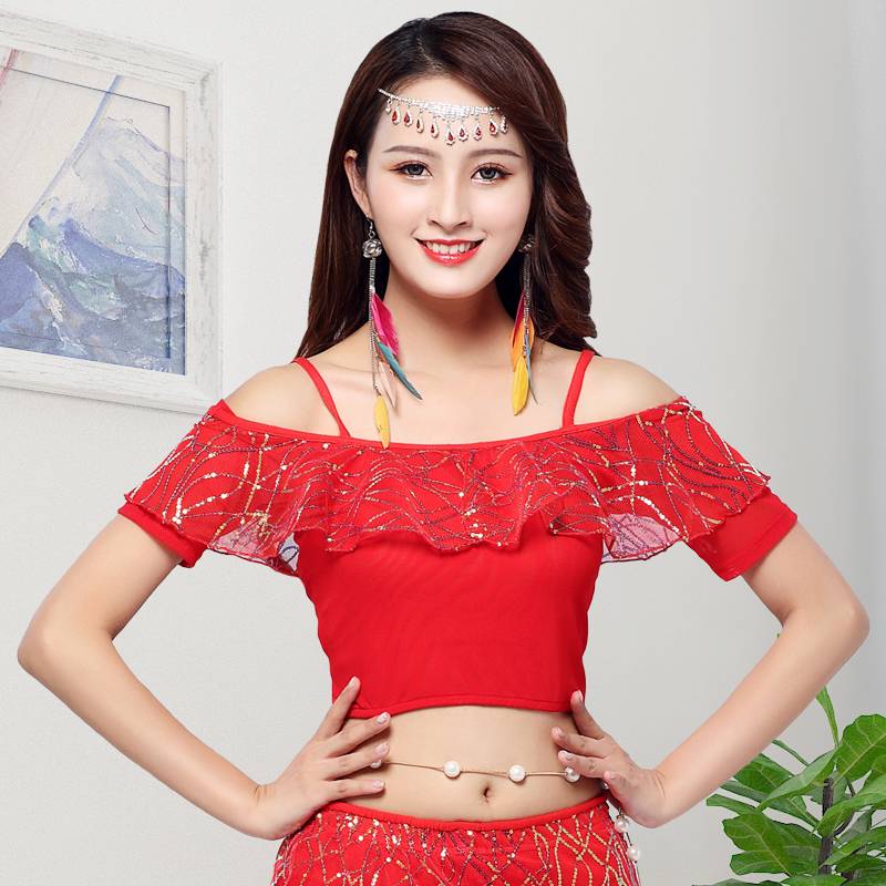 Belly dance exercise service 2024 new clothing female sequins beginners sexy top short sleeves Chinese classical dance