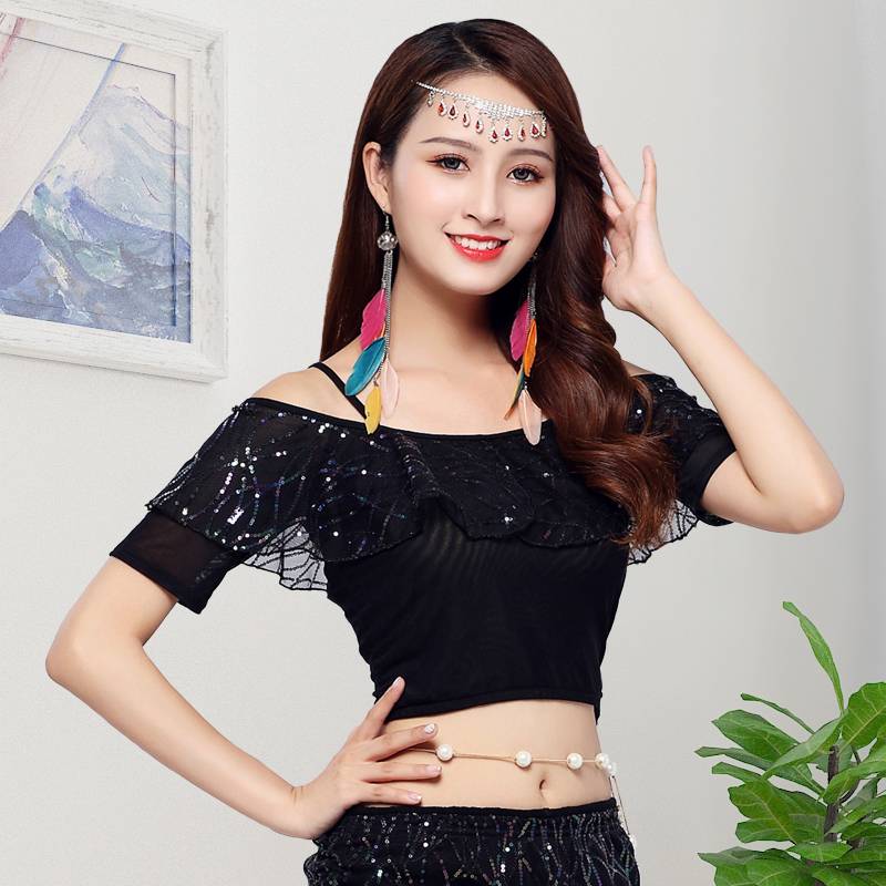 Belly dance exercise service 2024 new clothing female sequins beginners sexy top short sleeves Chinese classical dance