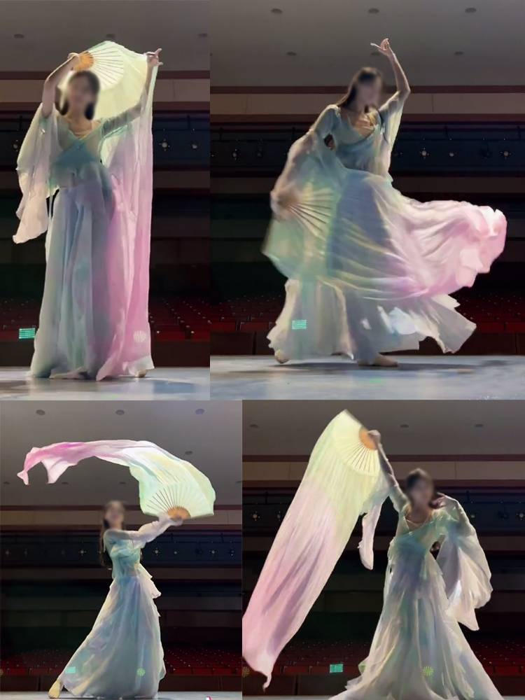 Real silk dance long fan dream series belly dance fan Chinese dance classical dance performance props dancing long silk fan