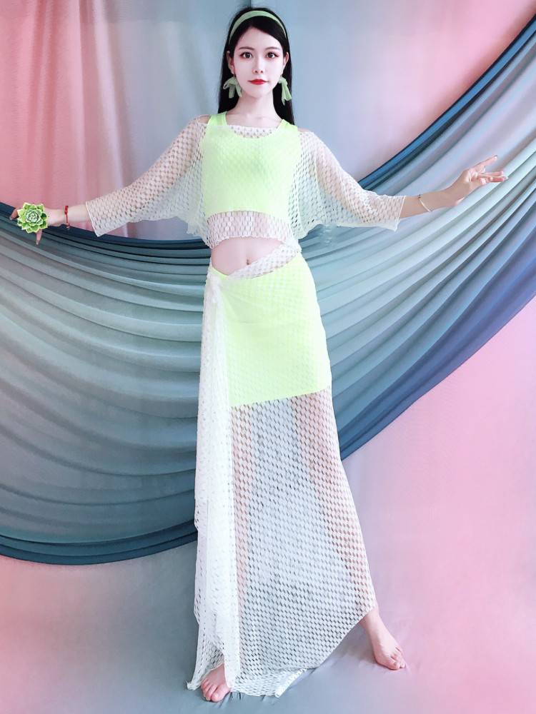 Belly Dance 2024 new set of spring and summer sleeve training suit set Oriental dance performance clothes hollow net yarn dance service