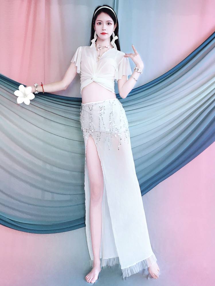 Belly dance clothing spring and summer new white net yarn lotus leaf elegant elegant set skirt training class clothes Oriental dance service