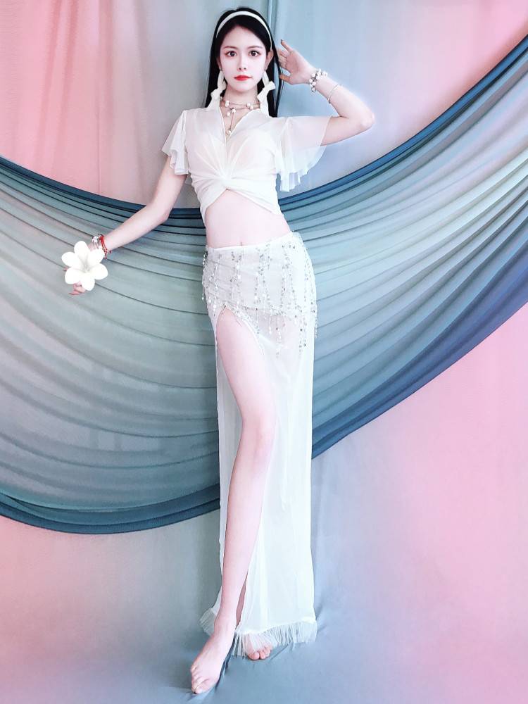 Belly dance clothing spring and summer new white net yarn lotus leaf elegant elegant set skirt training class clothes Oriental dance service