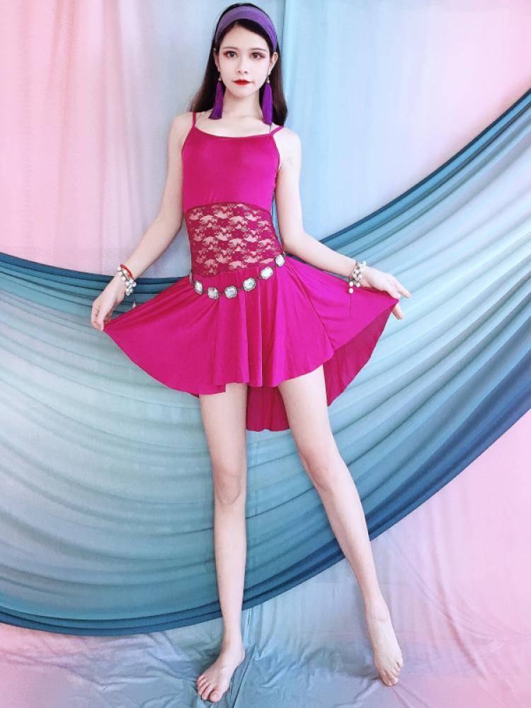 2024 summer new belly dance exercise dressing tided stitching lace dress show back stage performance clothing