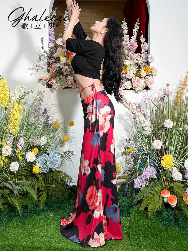 Geqi Qi Belly Dance New Printing Sexy Big Binding Slot Skirt Oriental Dance Dance Dance Dance Exercise Group Uniform