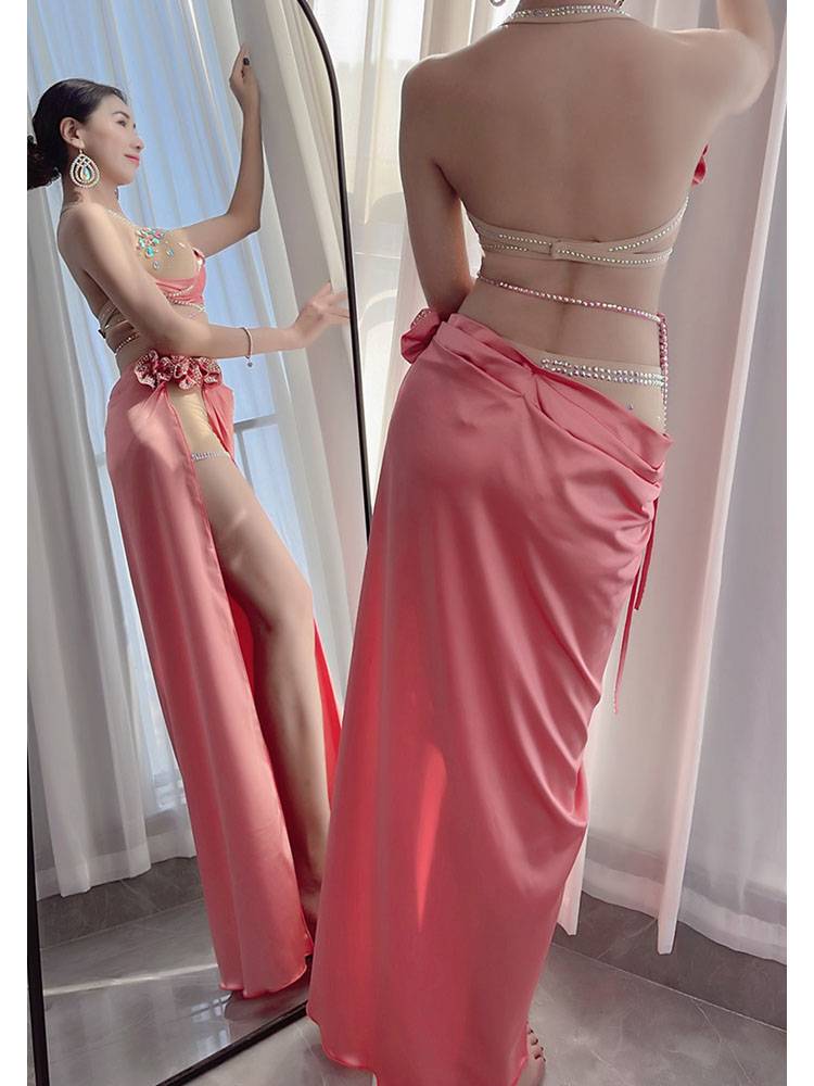 Dance -wing belly dance set 2024 Xia Xin style female diamond bras, bras, long skirts Oriental dance watch performance clothing