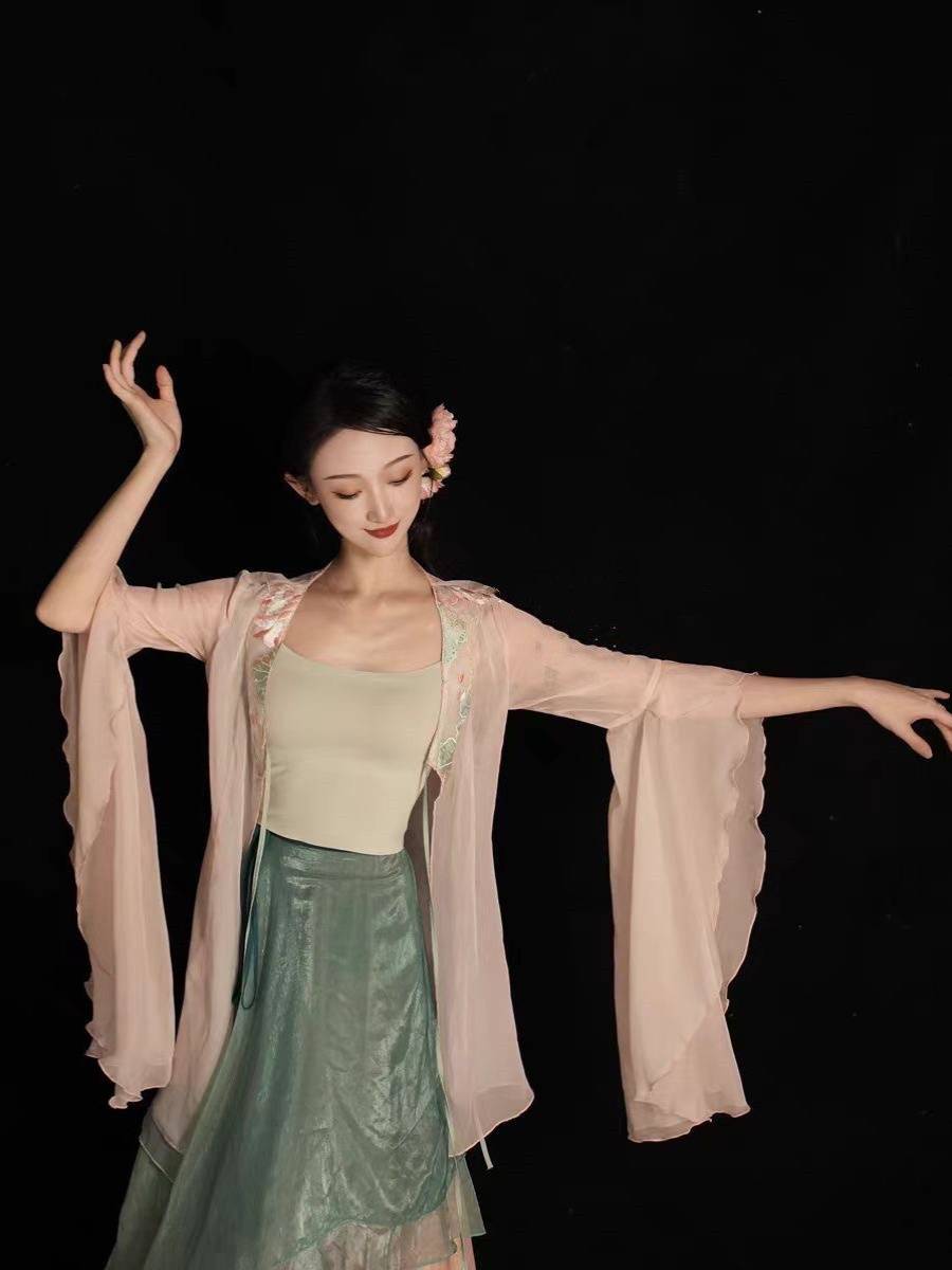 New classical dance gauze long chiffon lotus gauze jacket irregular design, elegant, thin, meat, fairy powder