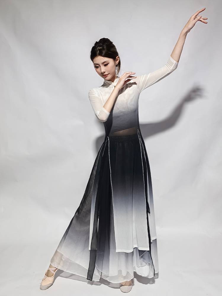 Classical cheongsam dance clothing female elegant ink painting gradient gauze practice service Chinese dance country style performance service