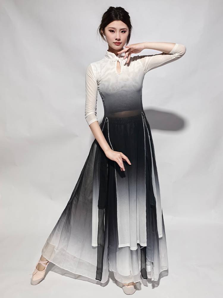 Classical cheongsam dance clothing female elegant ink painting gradient gauze practice service Chinese dance country style performance service