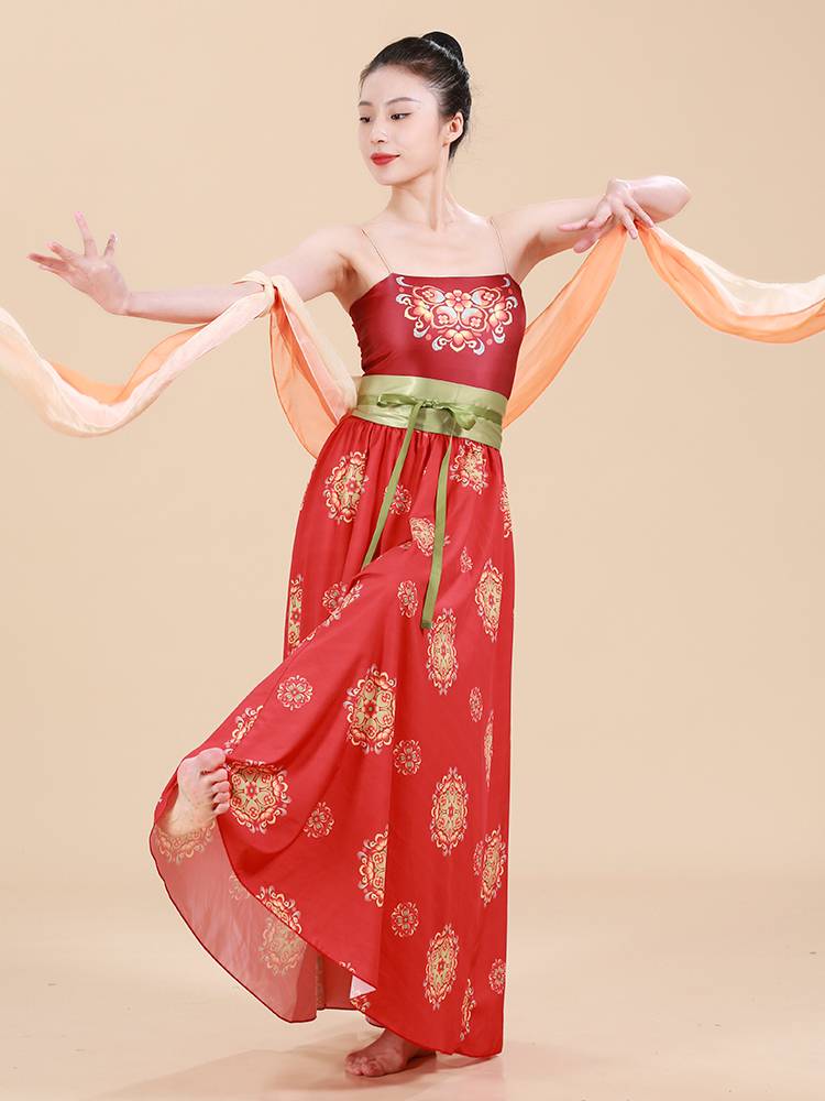 Fuxi Classical Dance Dance Duns Dunhuang Tangfeng hanging body rhyme gauze printing vest Chinese dance dance set female