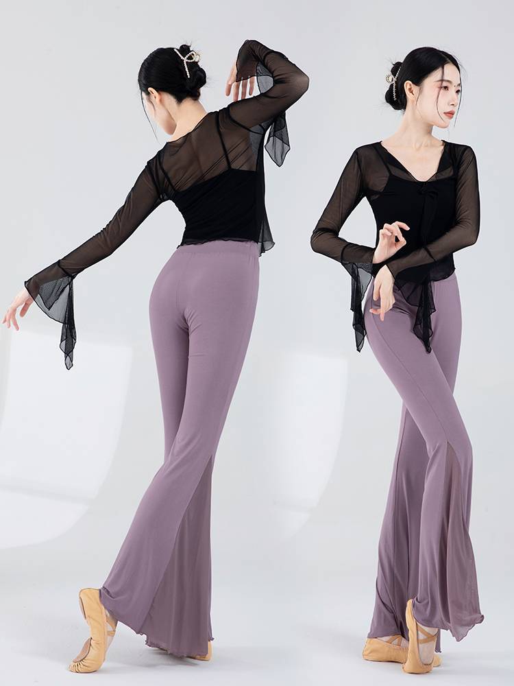 Modern dance exercises female long sleeve dance top micro -tail pants medium long classical dancing net gauze clothes