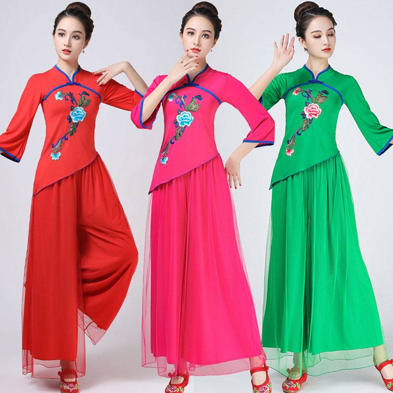 Plaza dance clothing female middle -aged and elderly dancing set ethnic dance shirt embroidered flower standing classical dance net gauze pants