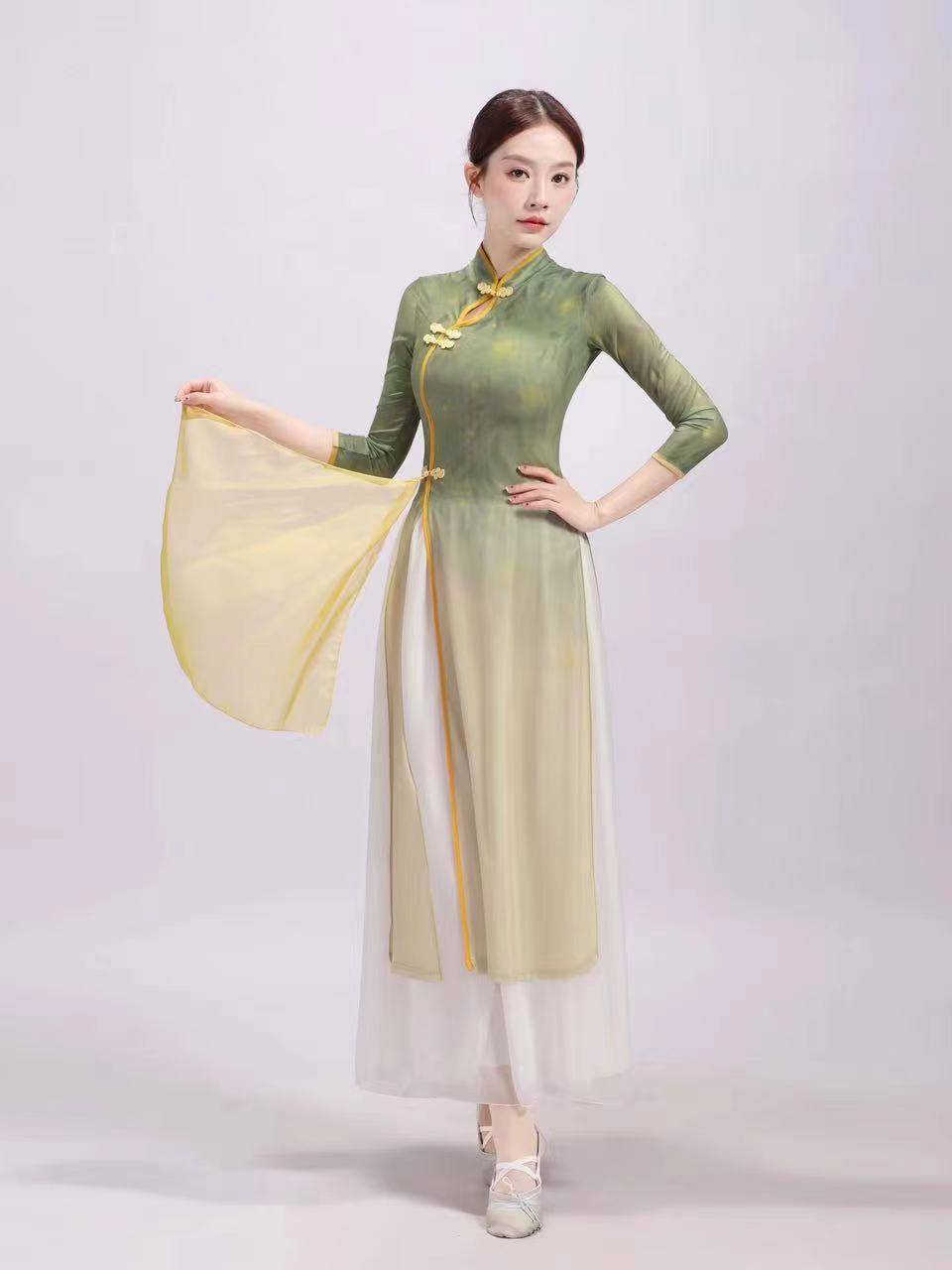 Classical dance service Chinese style dance elastic cheongsam cheongsam body rhyme exercise performance show printed set