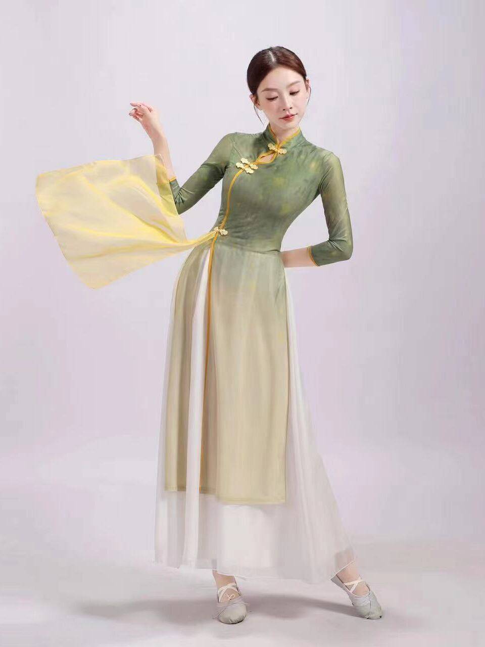 Classical dance service Chinese style dance elastic cheongsam cheongsam body rhyme exercise performance show printed set