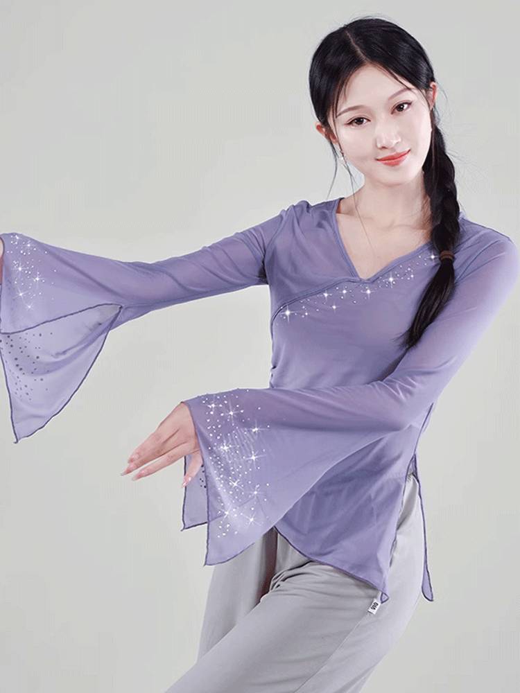 Susuya classical dance clothing female elegant hot drilling gauze, practice clothes, Chinese dance body rhyme test performance top
