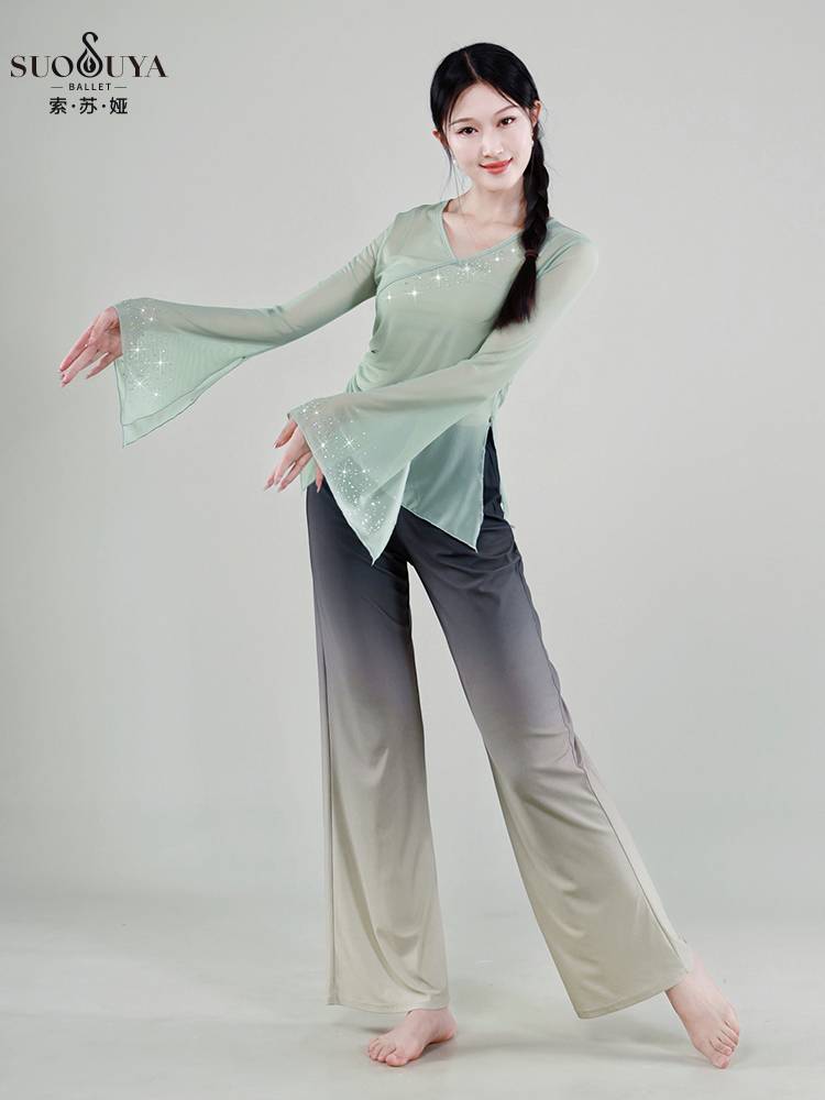 Susuya classical dance clothing female elegant hot drilling gauze, practice clothes, Chinese dance body rhyme test performance top