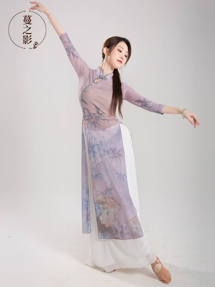 Classical dance body rhyme gauze spring summer long -sleeved exercise performance service performance service Chinese dance cheongsam art test dance suit girl