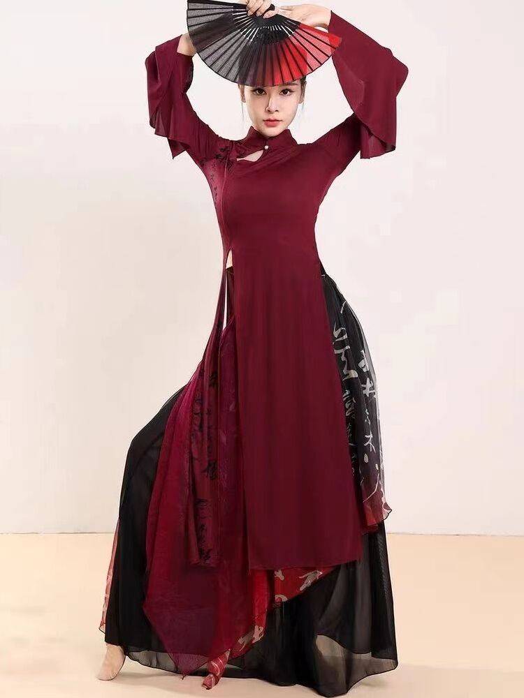 Classical dance clothing elegant print stitching cheongsam practice service Chinese dance nation performance service dance service girl