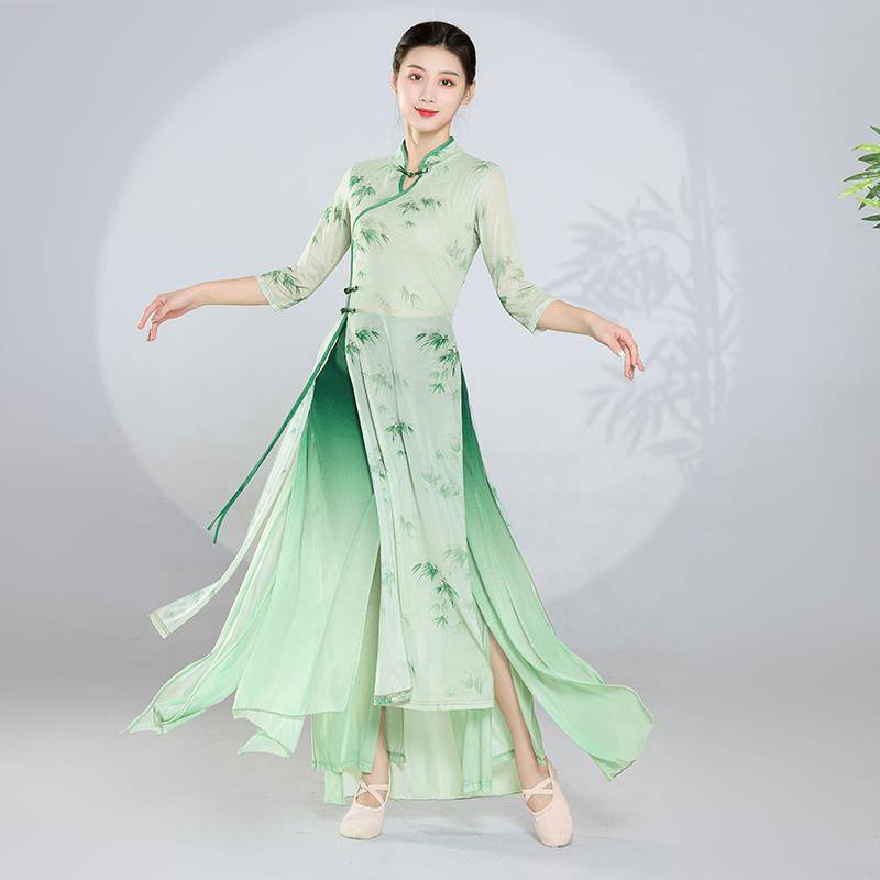 Classical Dance Dance Funny Female Green Cheongsam Top Chinese Dance Ethnic Dance Dance Skirts Wide -leg Pants Performance Services