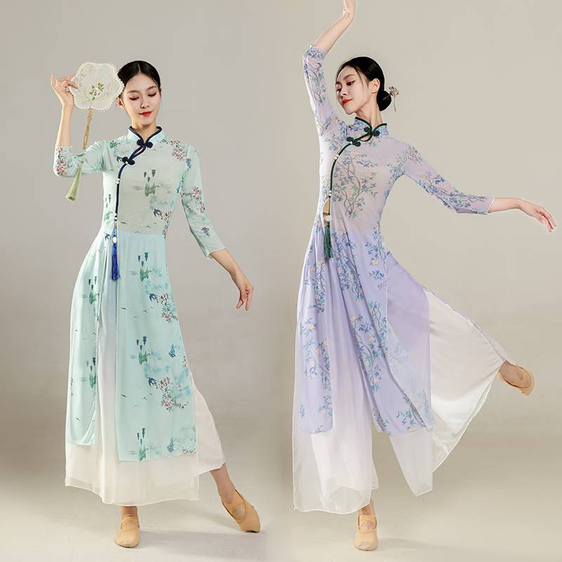 Classical dance cheongsam printed long -sleeved top Chinese dance service modern dance performance practice service -shaped dress set