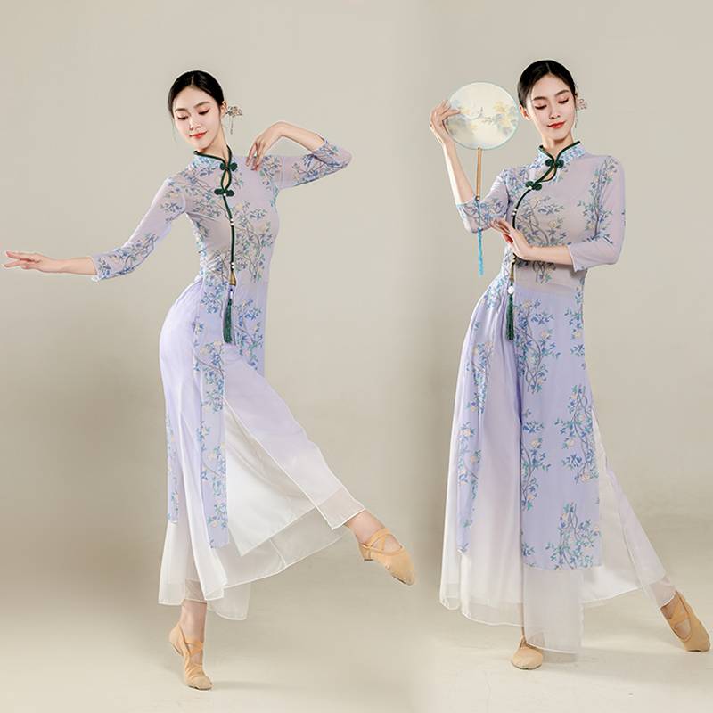 Classical dance cheongsam printed long -sleeved top Chinese dance service modern dance performance practice service -shaped dress set
