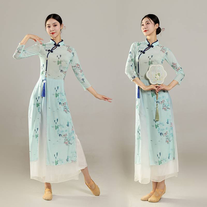 Classical dance cheongsam printed long -sleeved top Chinese dance service modern dance performance practice service -shaped dress set