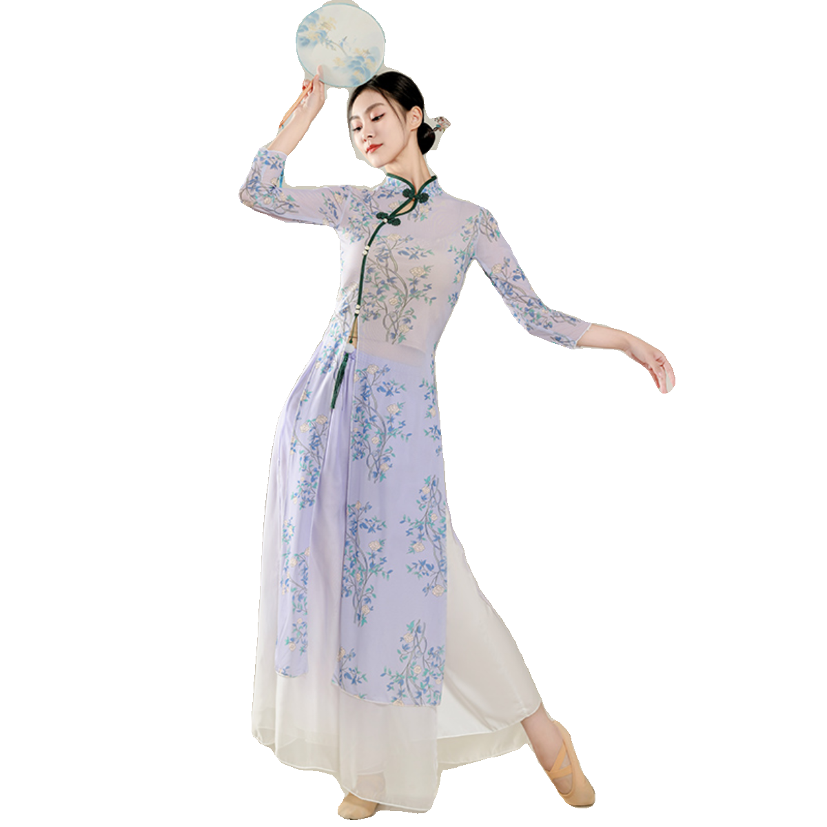 Classical dance cheongsam printed long -sleeved top Chinese dance service modern dance performance practice service -shaped dress set