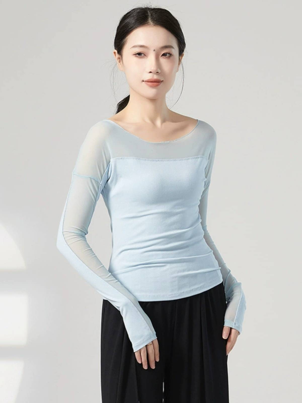 Classical dance dance service temperament long -sleeved modern dance net yarn splicing slimming and thin -shaped physical clothes top teacher class
