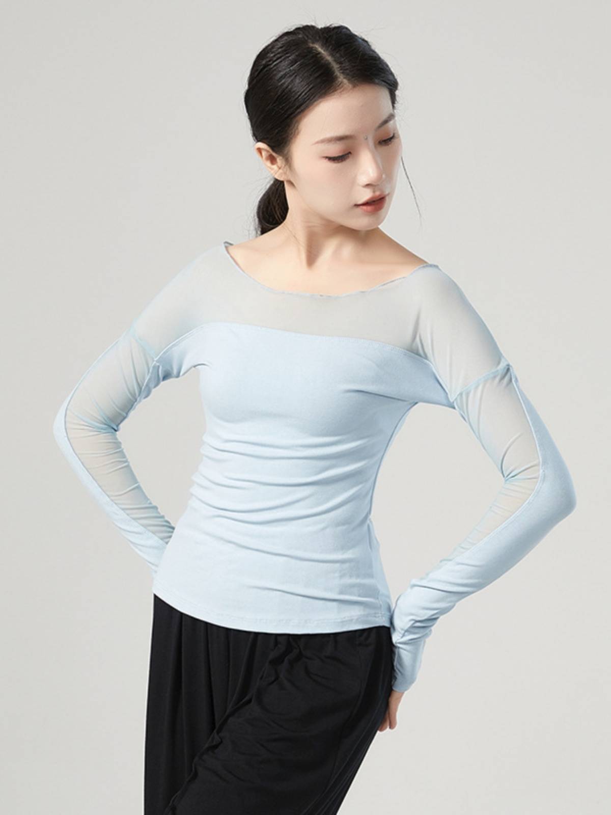 Classical dance dance service temperament long -sleeved modern dance net yarn splicing slimming and thin -shaped physical clothes top teacher class