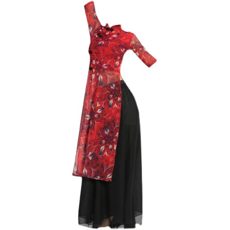 202 New Modified Cheongsam Dance Clothing Classical Dance Practice Drives Chinese Wind Character Gaunt Gauze Woman