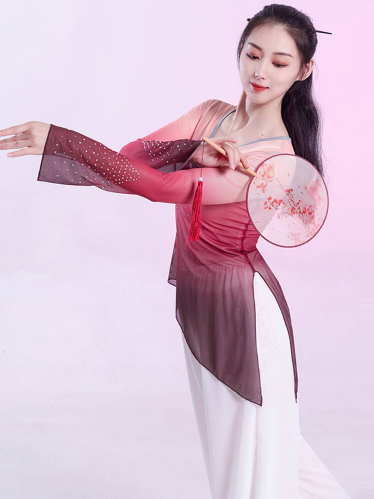 Classical dance dance clothing practice service female body rhyme gauze, elasticity, gradient hot drilling art test Chinese dance watch show