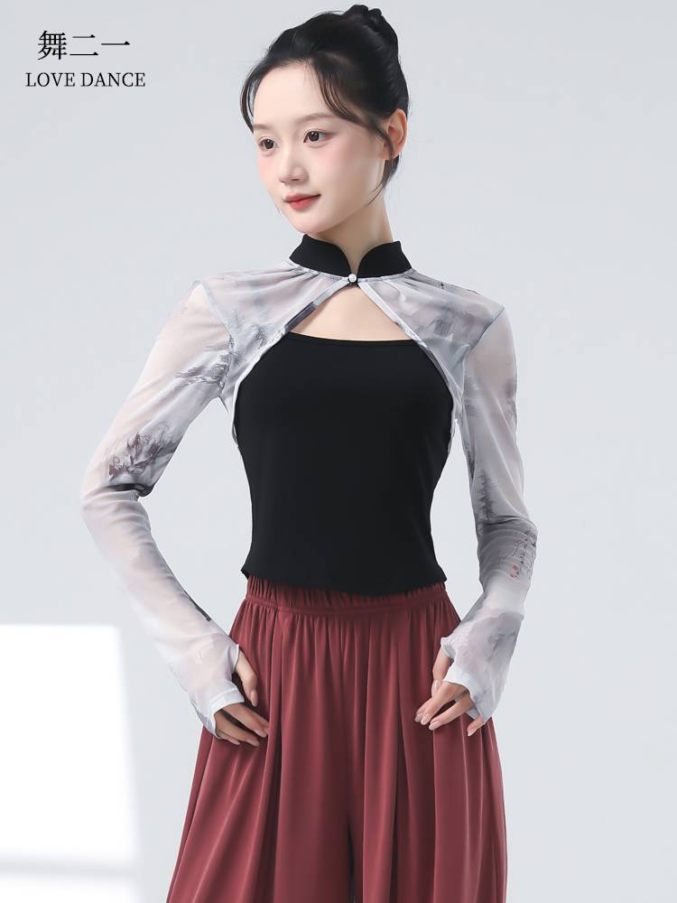 Classical dance exercise girl new Chinese national style dance service shirt Modern dance fake two -piece finger net fingertips training suit