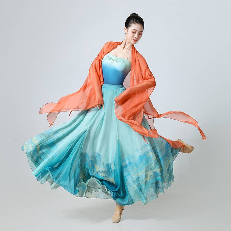 New classical dance clothing large skirt double -layer ancient style long gauze training merit, gauze Chinese dance performance clothing