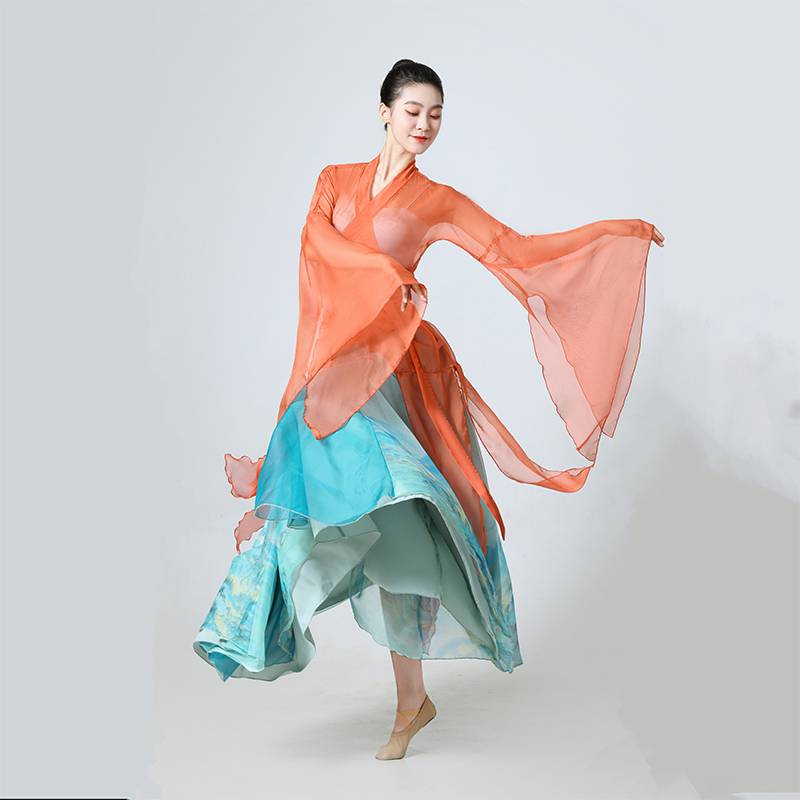 New classical dance clothing large skirt double -layer ancient style long gauze training merit, gauze Chinese dance performance clothing