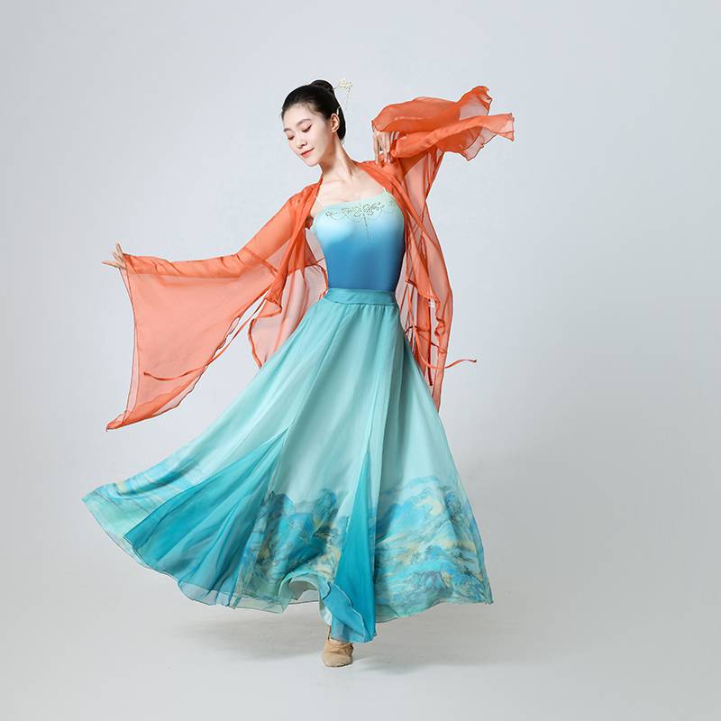 New classical dance clothing large skirt double -layer ancient style long gauze training merit, gauze Chinese dance performance clothing