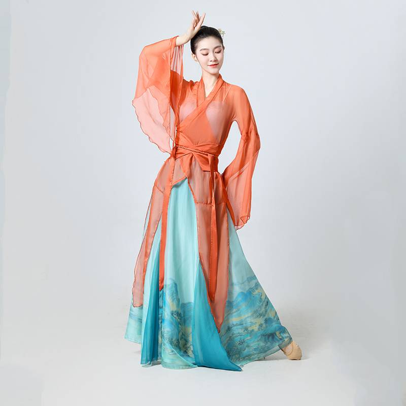 New classical dance clothing large skirt double -layer ancient style long gauze training merit, gauze Chinese dance performance clothing