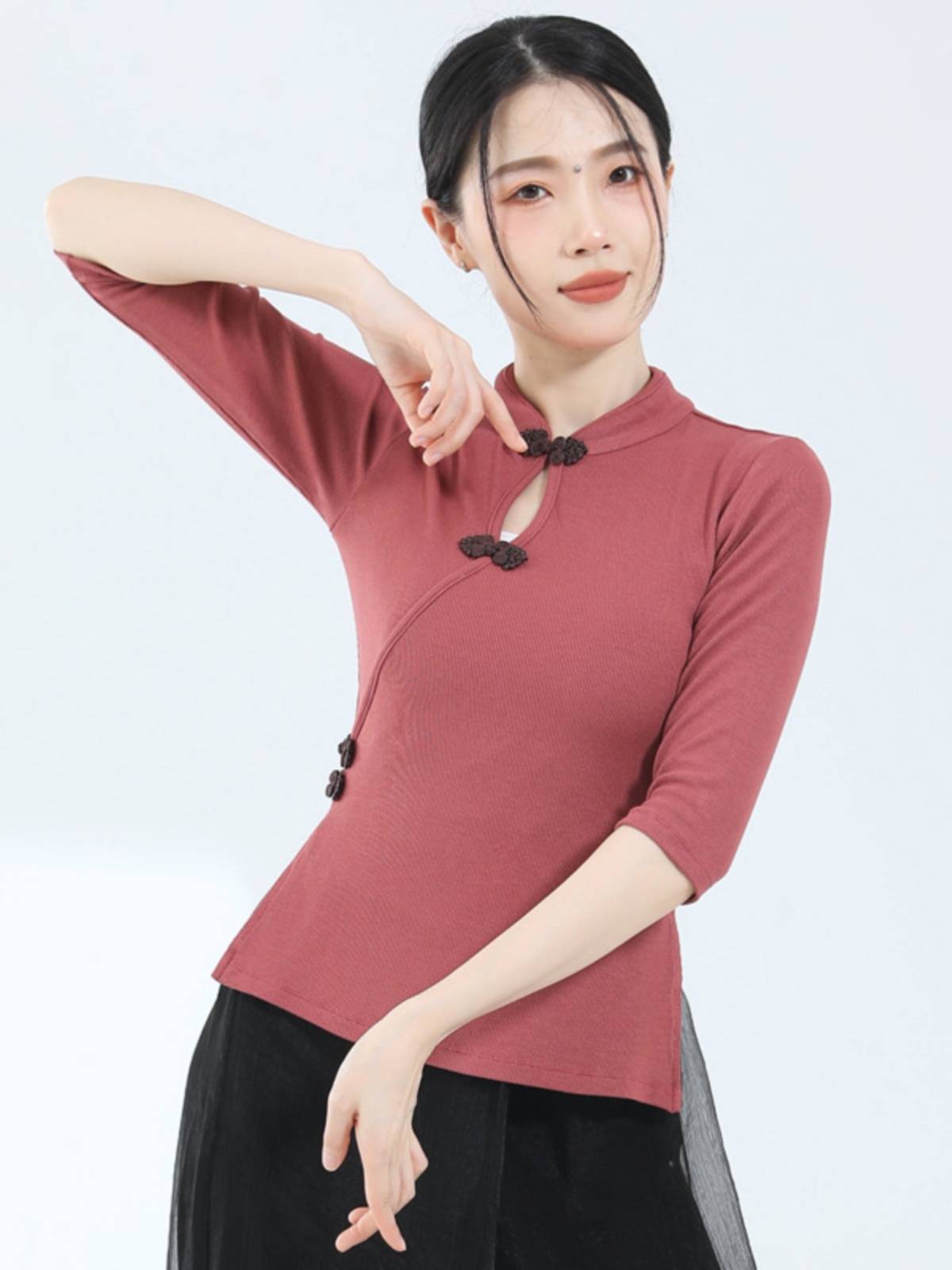 Classical dance clothing fashion hollow top female plate buckle cheongsam collar middle sleeve exercise suit slimming thin body clothes