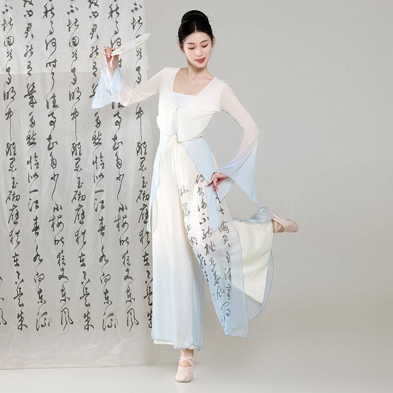 Classical dance clothing body rhyme Gatey gauze Chinese dance ethics test exercises, calligraphy, calligraphy, wide -leg pants performance clothing