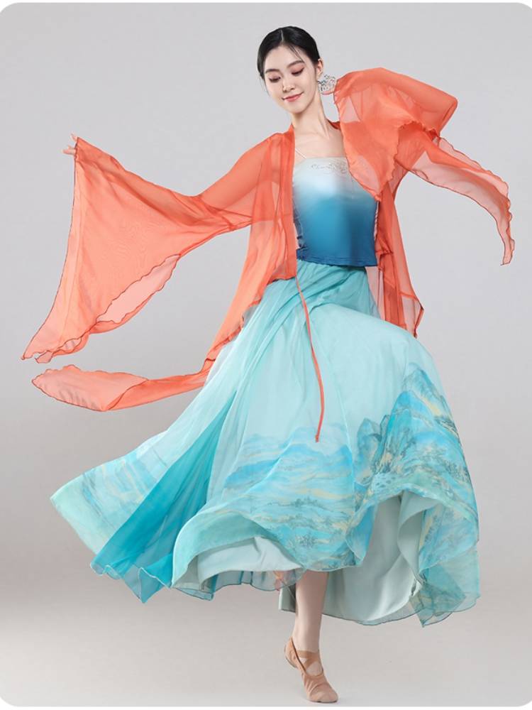 Classical dance clothing performance service women's gauze long cardigan large swing skirt ancient style Chinese dance body rhyme and elegant practice service