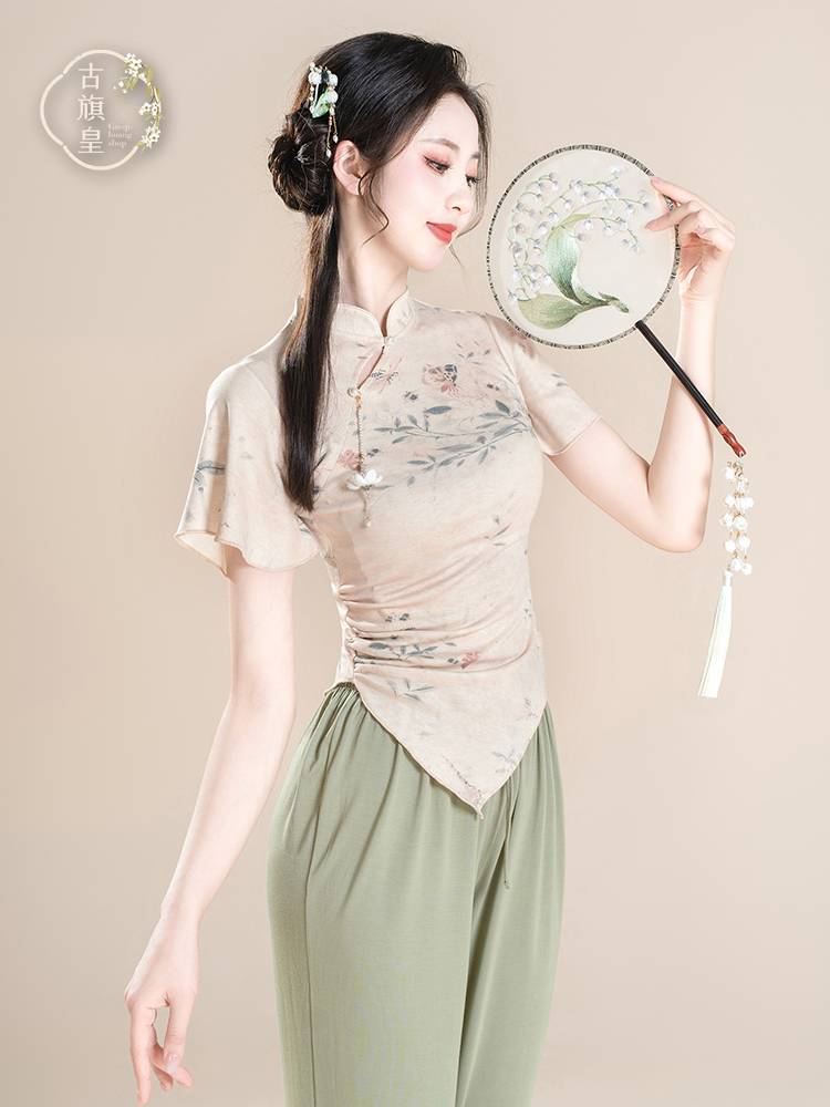 Ancient Banner Emperor Chinese style dance, cheongsam, summer classical dance adult body, practice service, female short -sleeved printed top