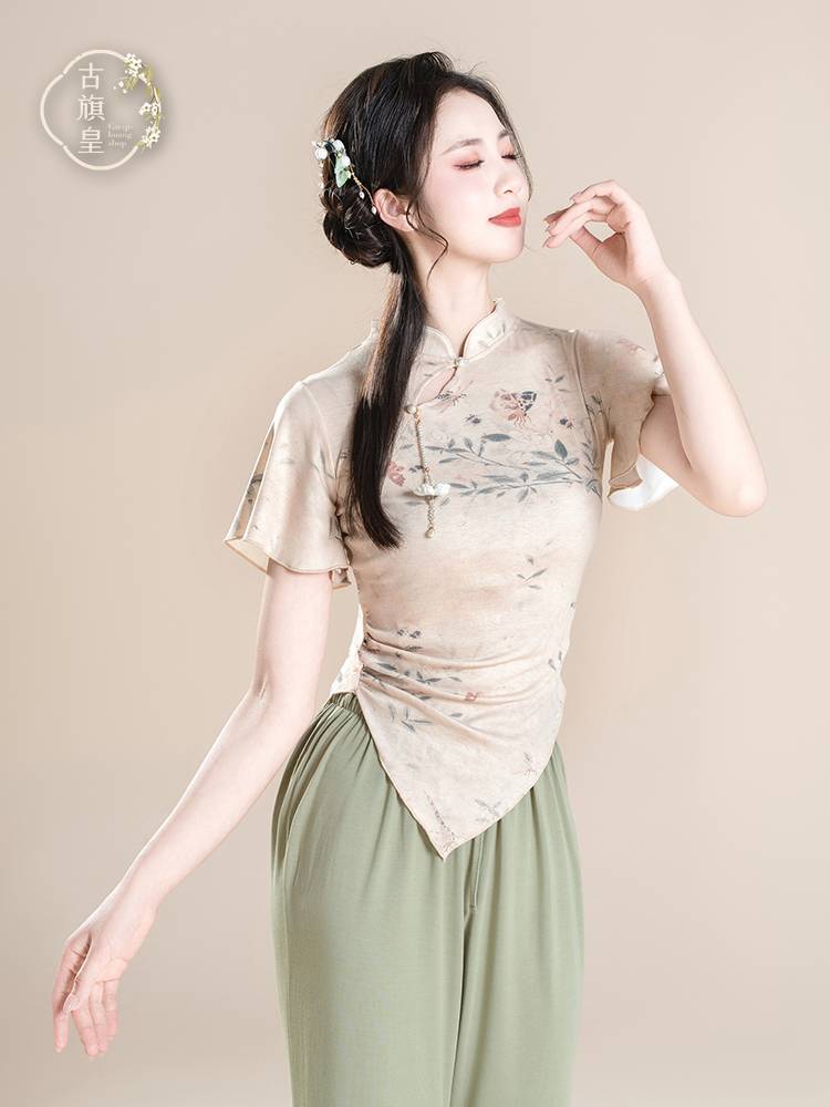 Ancient Banner Emperor Chinese style dance, cheongsam, summer classical dance adult body, practice service, female short -sleeved printed top
