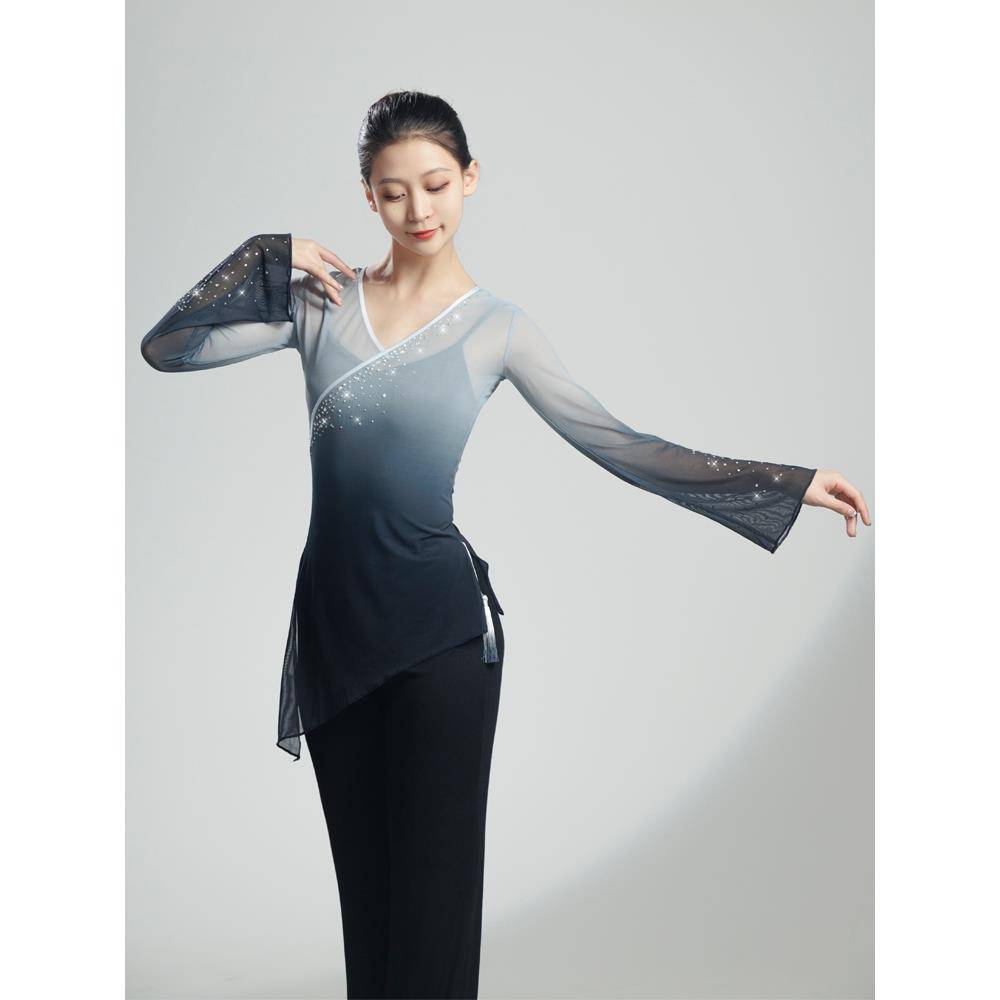 Classical dance rhyme gauze art test dance service gradient long -sleeved Chinese dance base training uniform with drilling rhyme training clothes top