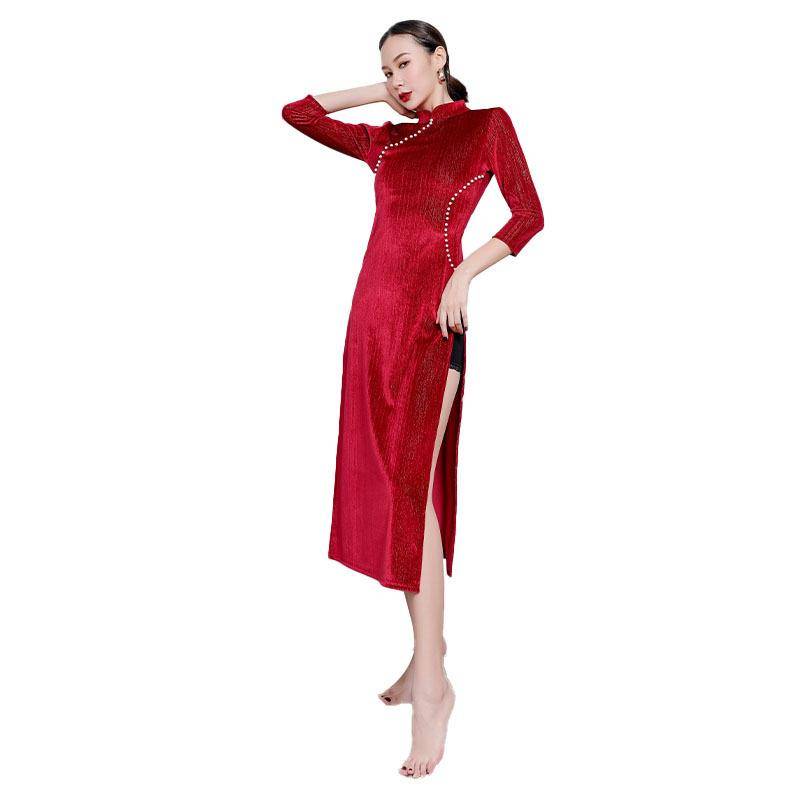 Neutral collar seven -point sleeve high split dance practice suit new year wine red classical dance cheongsam performance service