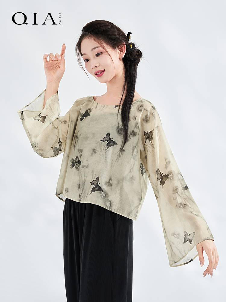 Qia Classical Dance clothes gauze body rhyme suit performance service printed thin performance service Chinese dance horn sleeve top