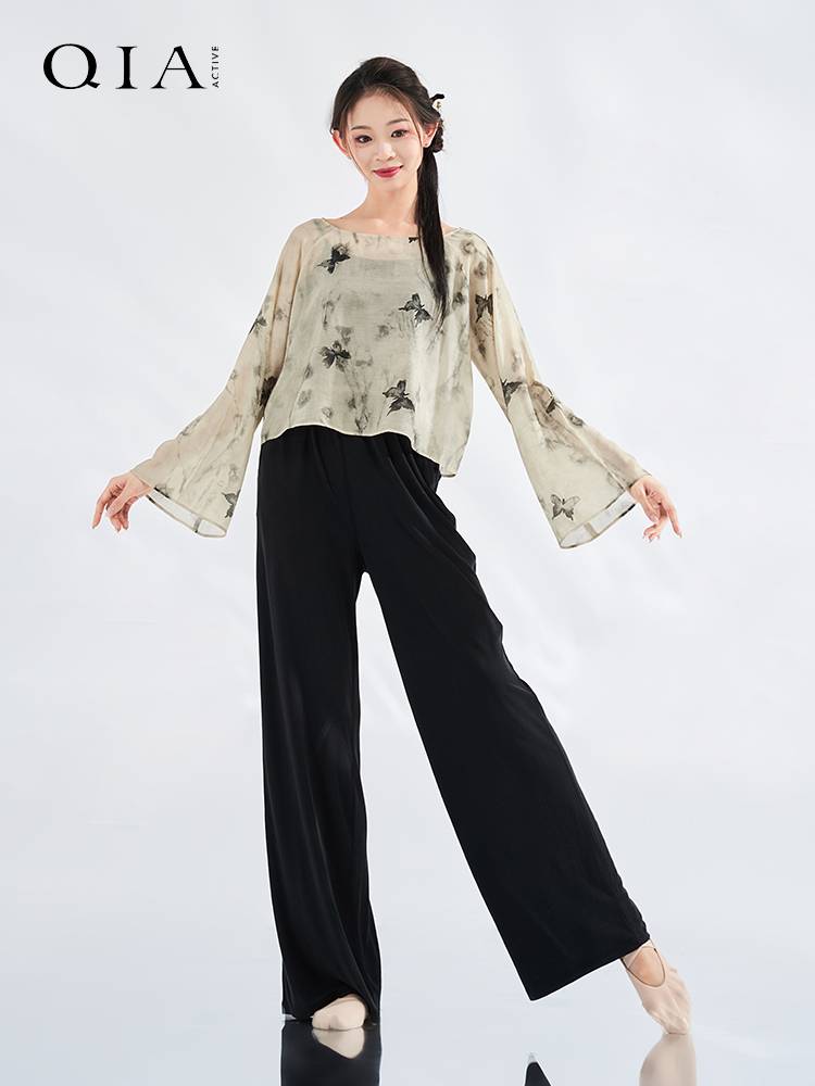 Qia Classical Dance clothes gauze body rhyme suit performance service printed thin performance service Chinese dance horn sleeve top