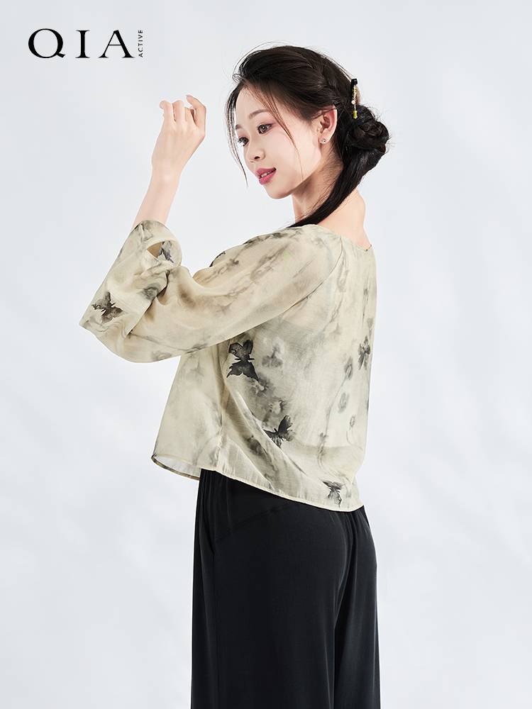 Qia Classical Dance clothes gauze body rhyme suit performance service printed thin performance service Chinese dance horn sleeve top