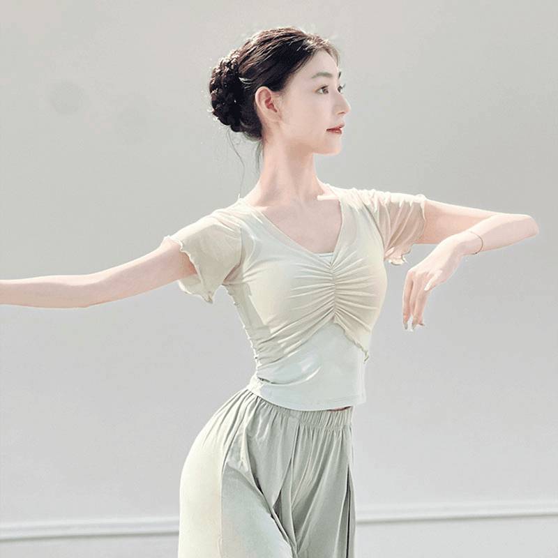 Classical dance clothing fake two pieces of Chinese dance exercises short -sleeved dance small flying sleeve top new shape training suit