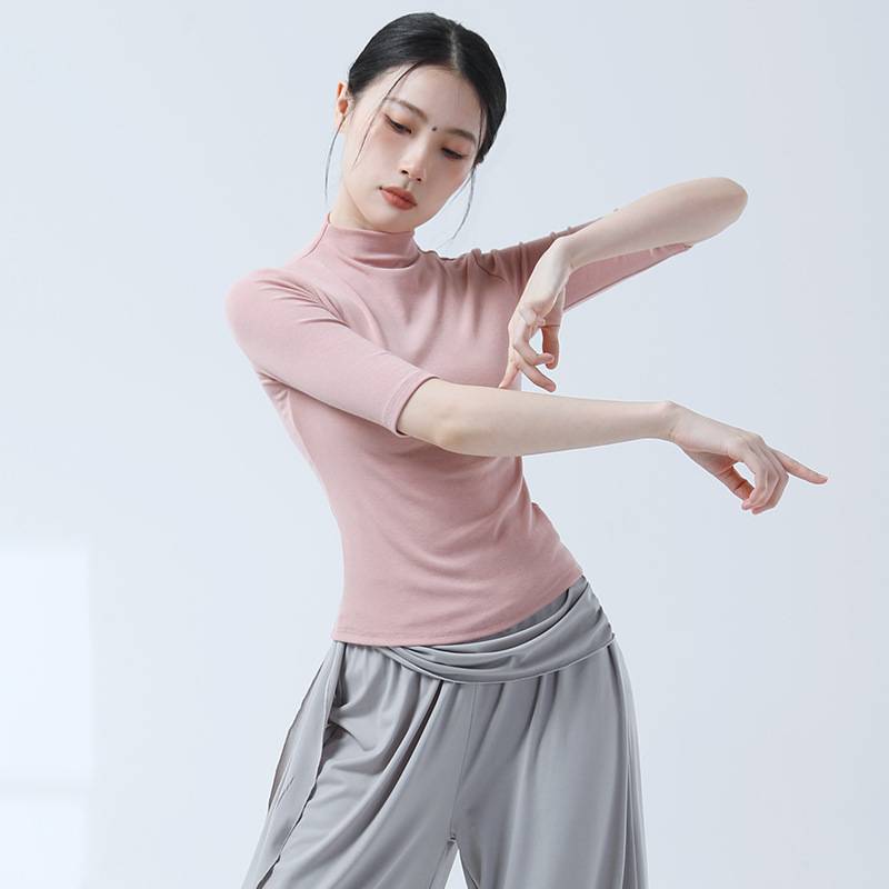 Modern classical dance exercise exercise semi -high -necked middle -sleeved female top dance service slim body training autumn and winter bottom shirt